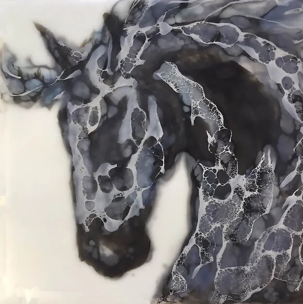 Abstract equine encaustic mixed media on cradled panel. 8x8, Seattle WA