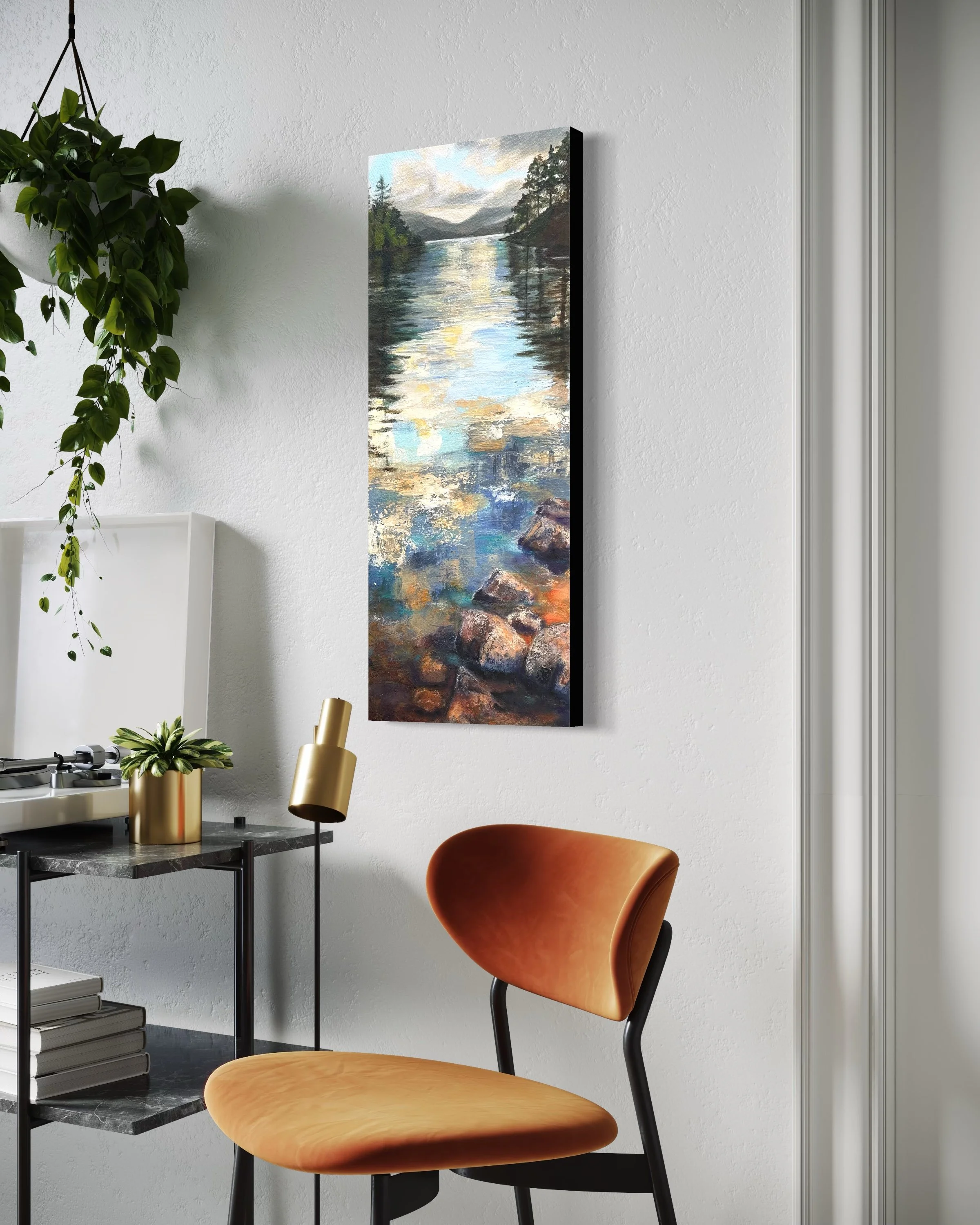 Whispering Waters 12x24 vertical painting side displayed on a wall in ann office interior for scale.