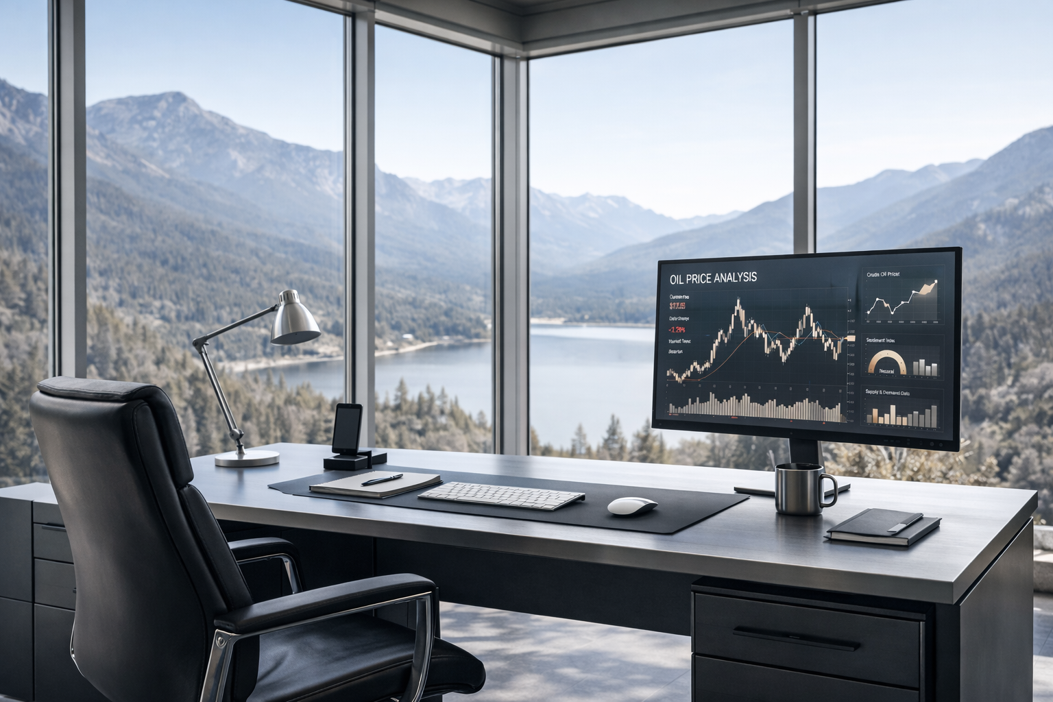 Modern office workspace with a view of mountains and a lake, featuring a black leather office chair, a desk lamp, a smartphone, a keyboard, a mouse, a coffee mug, and a large monitor displaying oil price analysis charts.