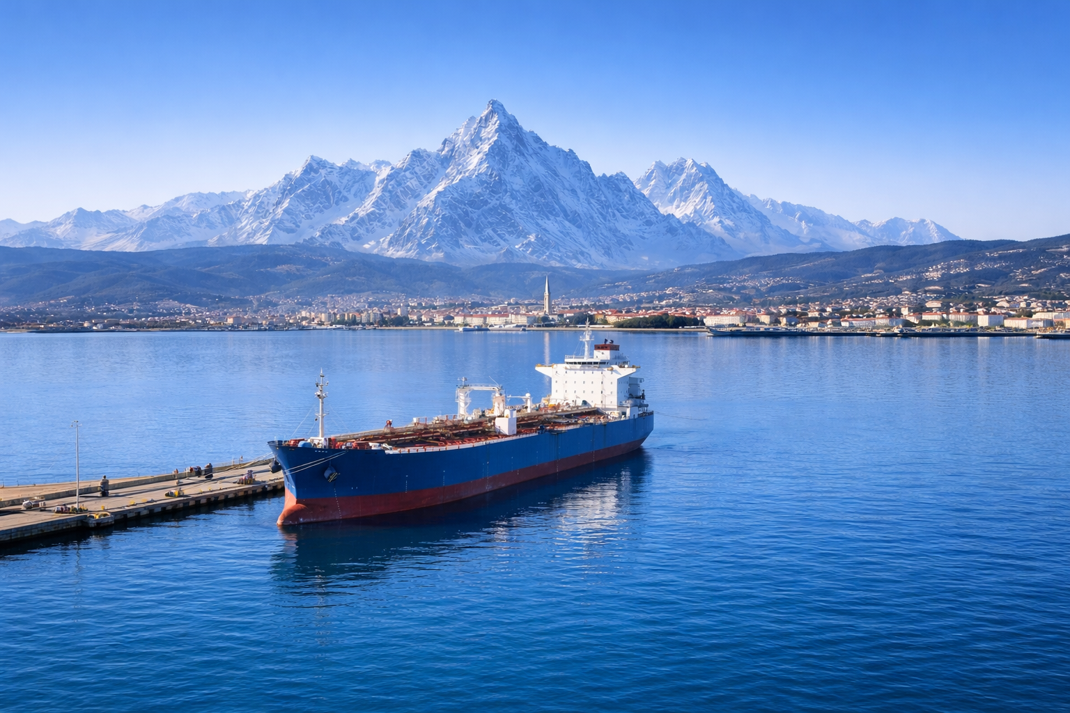 A large cargo ship docked at a pier with snow-capped mountains in the background, a city along the water's edge, and a clear blue sky.