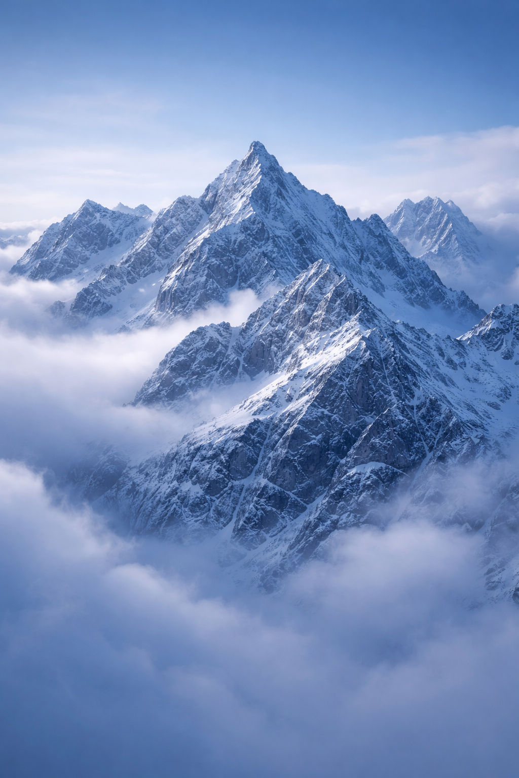 Snow-covered mountain peaks rising above clouds in a clear sky.
