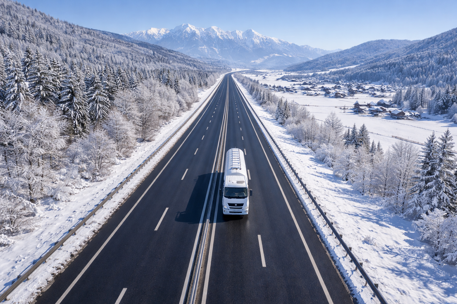 A snowy landscape with a clear highway stretching into the distance, surrounded by snow-covered trees and mountains.