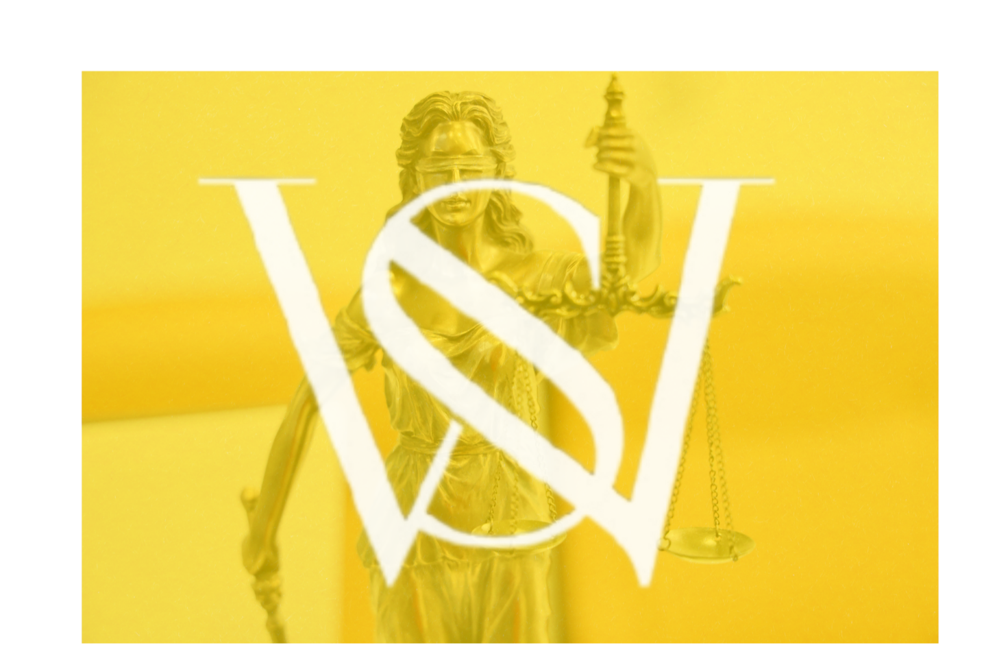 A gold sculpture of Lady Justice holding a sword and scales, with a large white VSV logo overlay on the image, set against a yellow background.