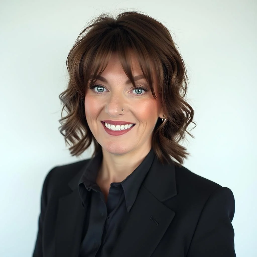 A woman with wavy brown hair, blue eyes, and a nose piercing, dressed in a black blazer and black top, smiling at the camera against a white background.