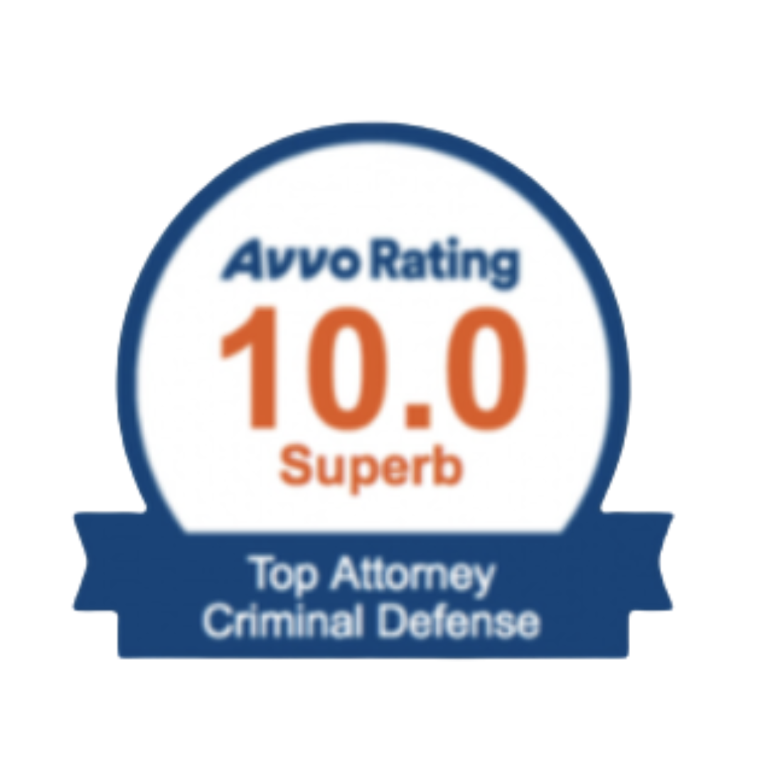 Badge displaying Avvo rating of 10.0 with the label "Superb" and a subtitle "Top Attorney Criminal Defense".