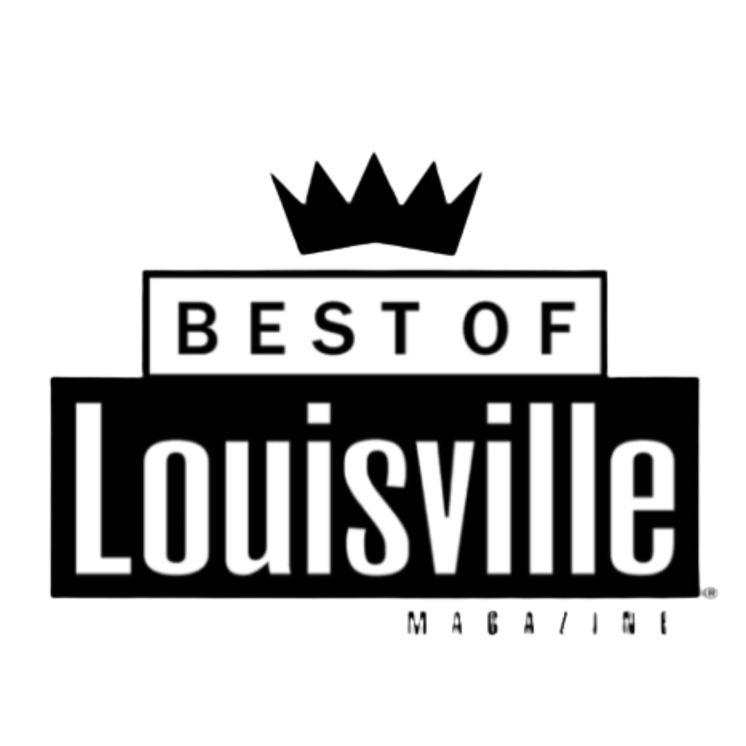 Graphic design with the text 'Best of Louisville' in bold black and white, with a black crown above the text.