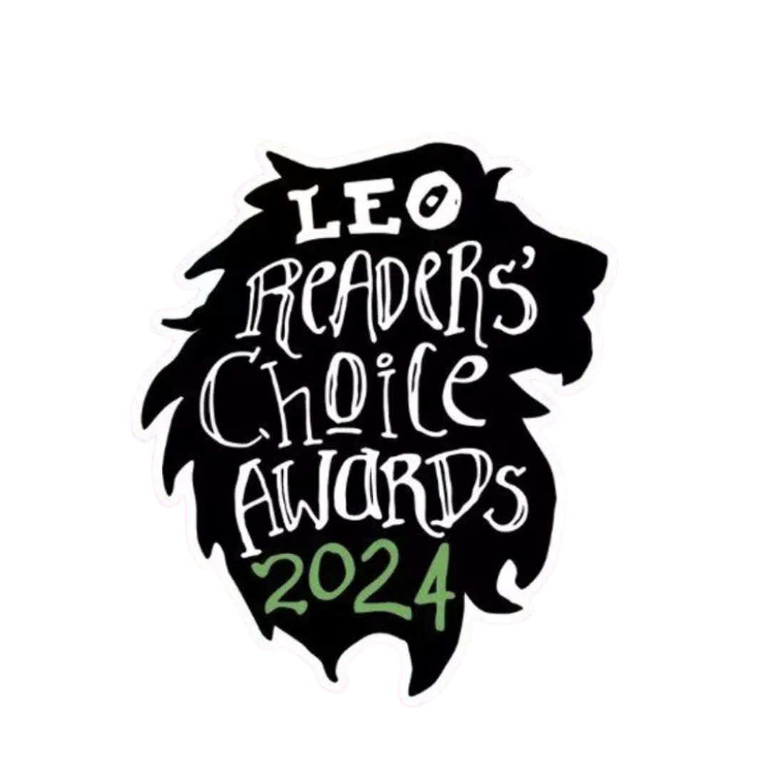 Sticker with the text 'Leo Readers' Choice Awards 2024' in black, white, and green, shaped like a lion's mane.