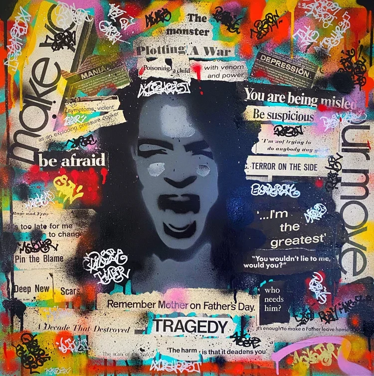 Street art mural featuring a woman slamming her hand, with a background of colorful graffiti and stenciled and cut-out words and phrases about war, fear, and tragedy.