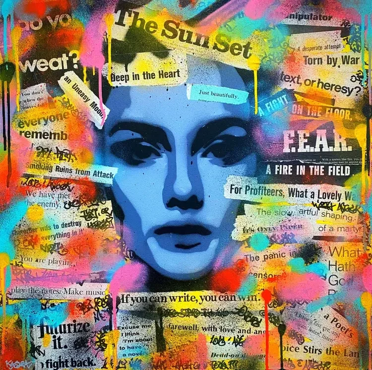 Colorful graffiti-style art featuring a woman's face surrounded by mixed media text and spray paint splashes.