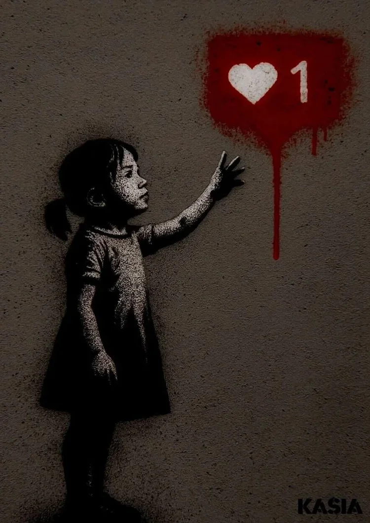 Street art of a girl reaching out to a red spray-painted heart with a 'like' icon and the number 1, on a gray wall. The artist's signature 'KASIA' is in the bottom right corner.