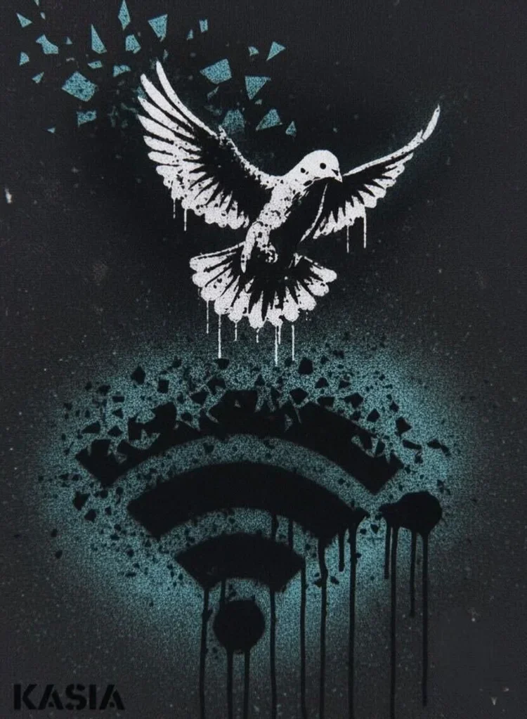 Street art of a dove flying above a Wi-Fi symbol, created with spray paint on a dark background.