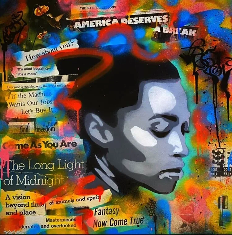 A mural featuring a grayscale portrait of a young girl with her eyes closed, surrounded by colorful spray paint and collage elements, including text and graffiti. Words include 'America Deserves a Break,' 'Come As You Are,' 'The Long Light of Midnigh