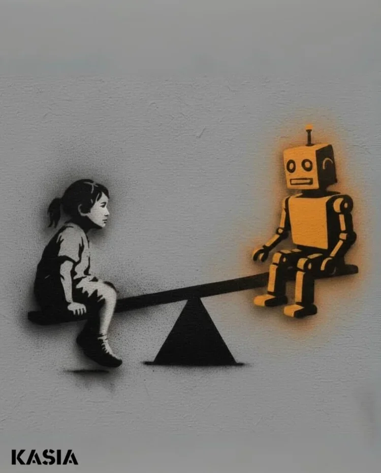 Street art depicting a girl and a robot on a seesaw in black and yellow spray paint