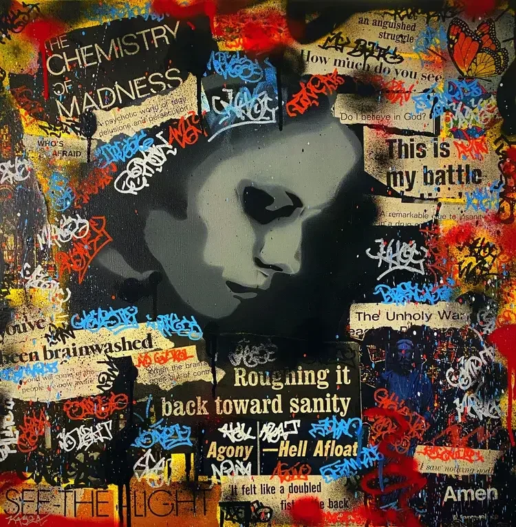 Graffiti art featuring a woman's face, surrounded by overlapping pages of text and various colorful tags and graffiti. Prominent words include 'The Chemistry of Madness' and 'Roughing it back toward sanity'.