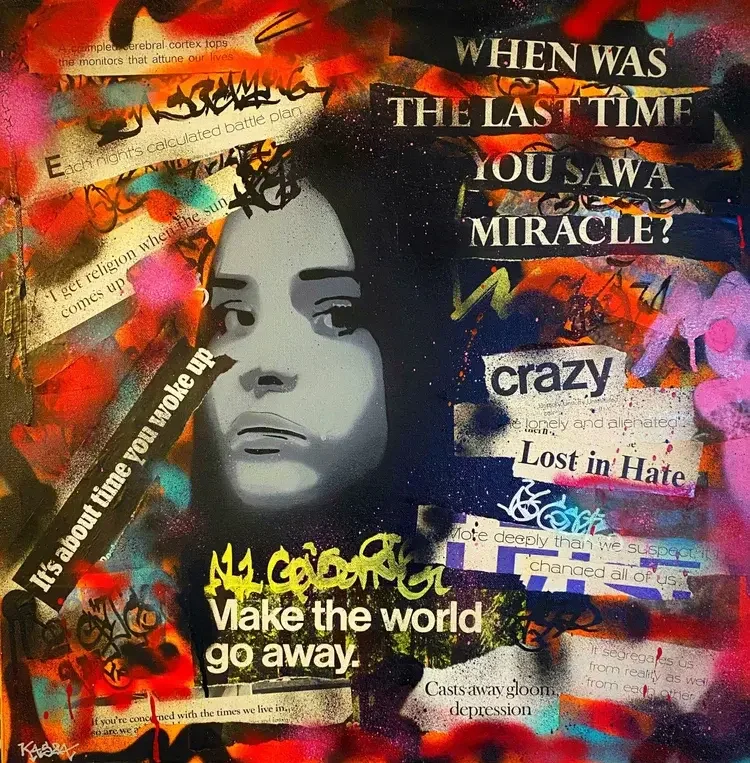 A collage featuring a black and white silhouette of a woman with a serious expression, surrounded by colorful graffiti and torn paper with various texts, including 'When was the last time you saw a miracle?' and 'Make the world go away.'