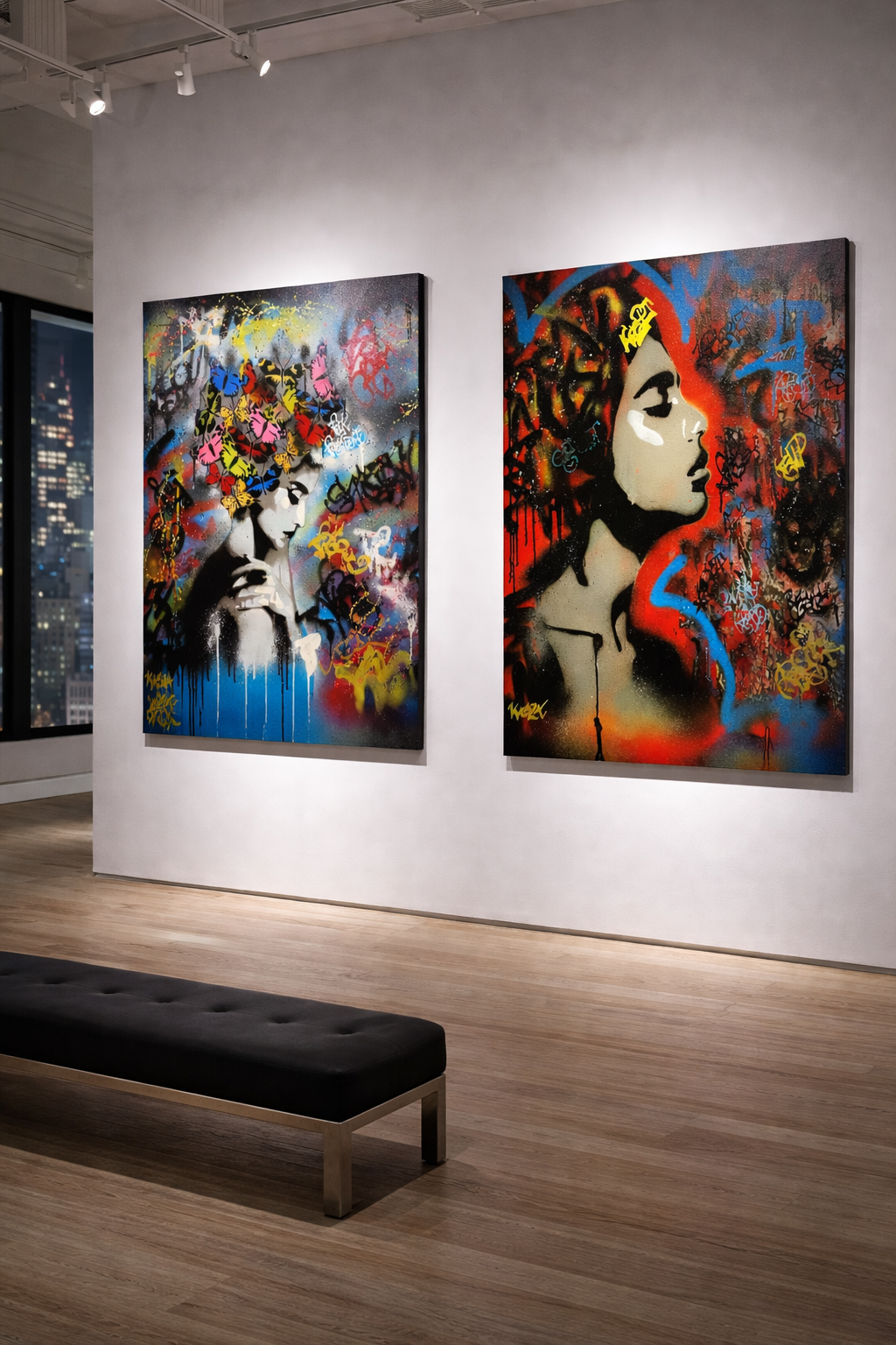 Two graffiti-style paintings of women in an art gallery, with city buildings visible through the window, and a black bench on a wooden floor.