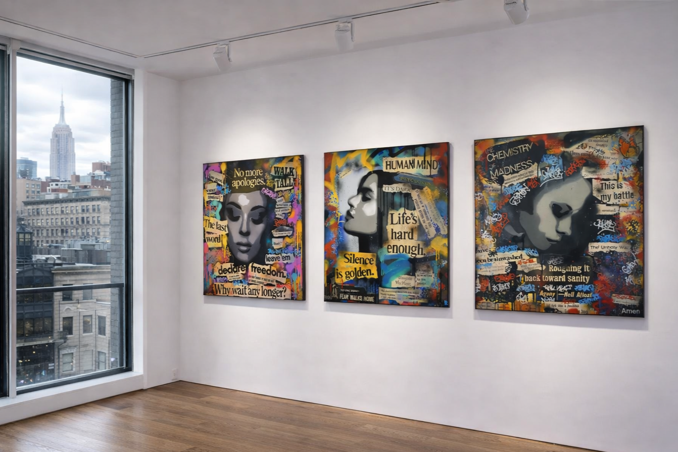 Three colorful graffiti-style paintings of women's faces hang on a white wall in an art gallery, with a large window showing a city skyline and the Empire State Building outside.