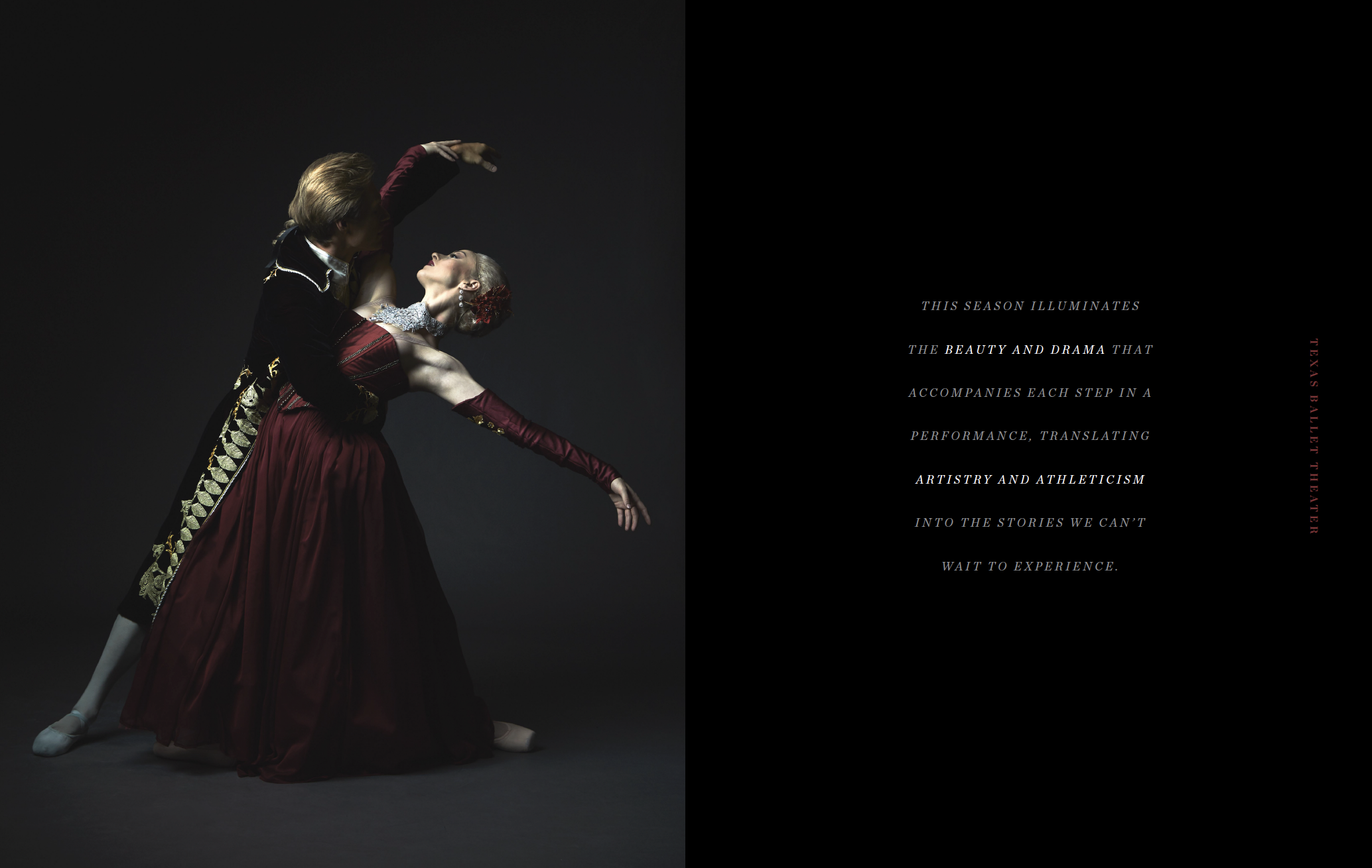 Two ballet dancers in elaborate costumes performing against a dark background, with one dancer in a red dress and the other in a dark costume, capturing a moment of artistic expression.