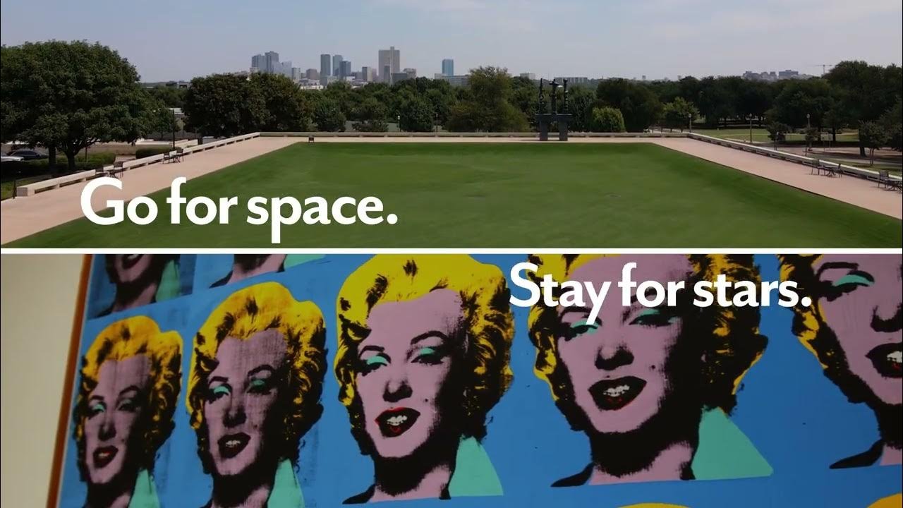 A rooftop with a view of a city skyline, divided into two parts. The upper part shows a grassy space with trees and buildings in the background. The lower part features a colorful pop art portrait of Marilyn Monroe. Overlaid text reads "Go for space" on the grassy area and "Stay for stars" over the portrait.
