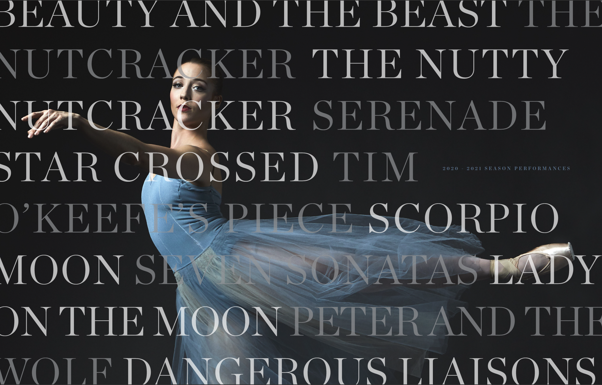 A ballet dancer wearing a blue tutu and pointe shoes, performing ballet against a dark background with text overlay.
