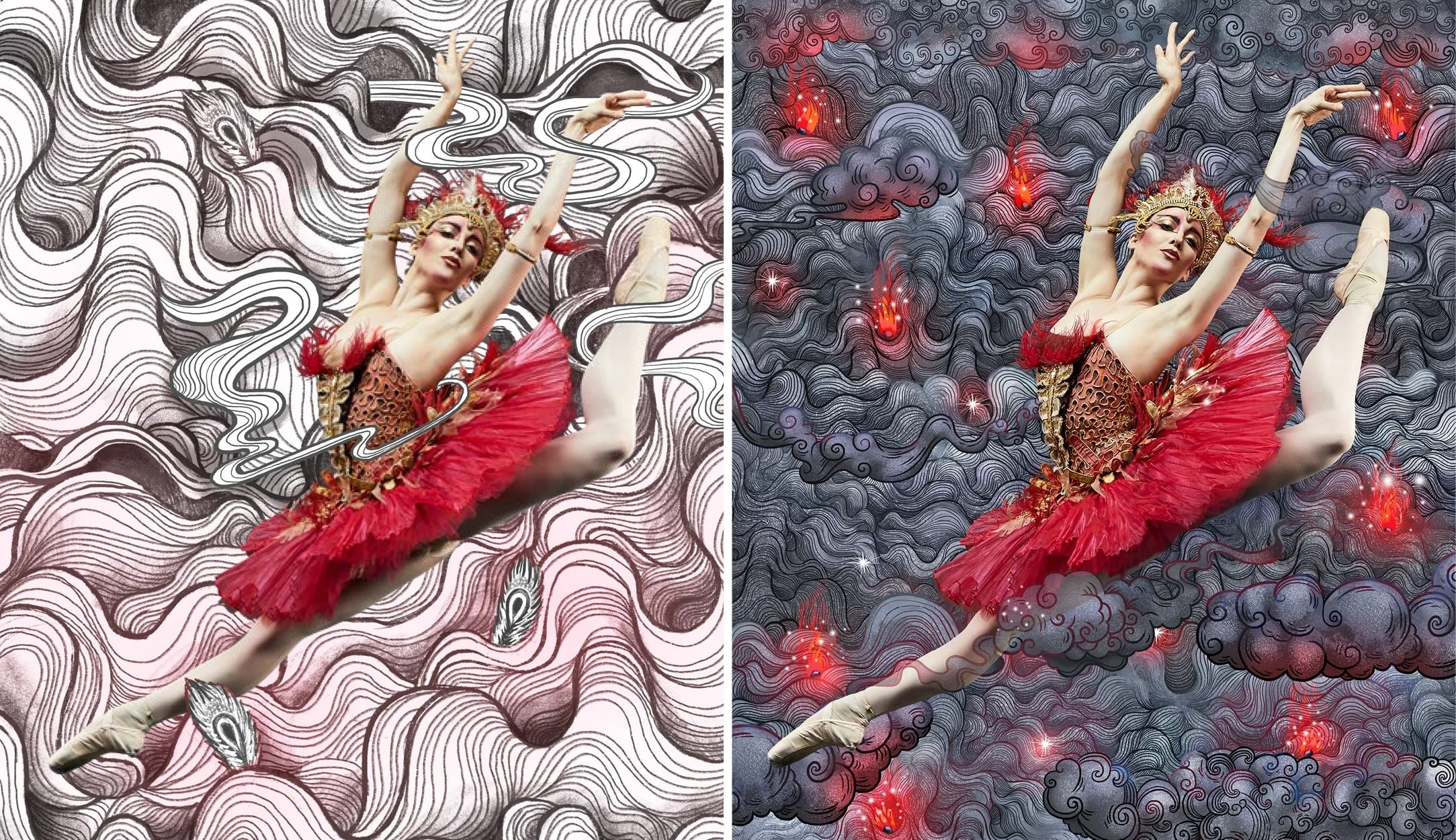 A ballerina in a red tutu and ornate gold headpiece dancing among artistic clouds and swirling patterns, with contrasting black-and-white background on the left and colorful, fiery elements on the right.