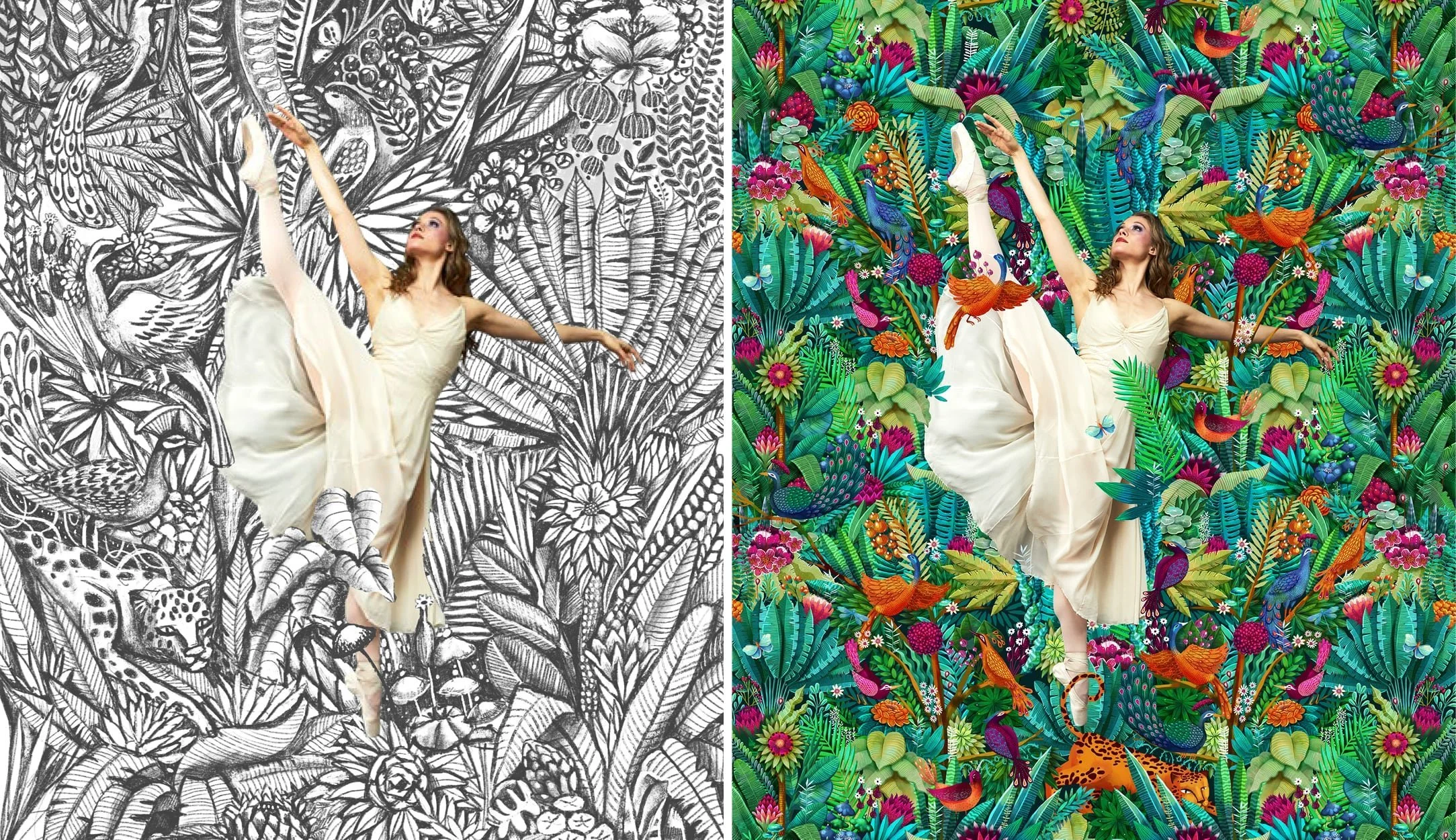 A woman in a white dress performing a dance pose in front of a jungle-themed backdrop. The left side shows a black and white illustration of animals and plants, while the right side displays a colorful, vibrant jungle scene with birds, flowers, and foliage.