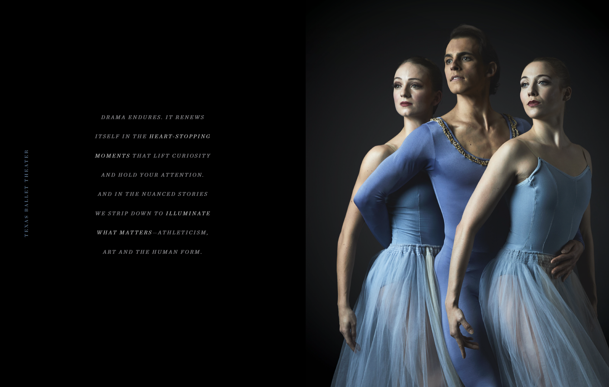 Three ballet dancers in blue costumes pose against a dark background, with a poem about theater and performance on the left side.