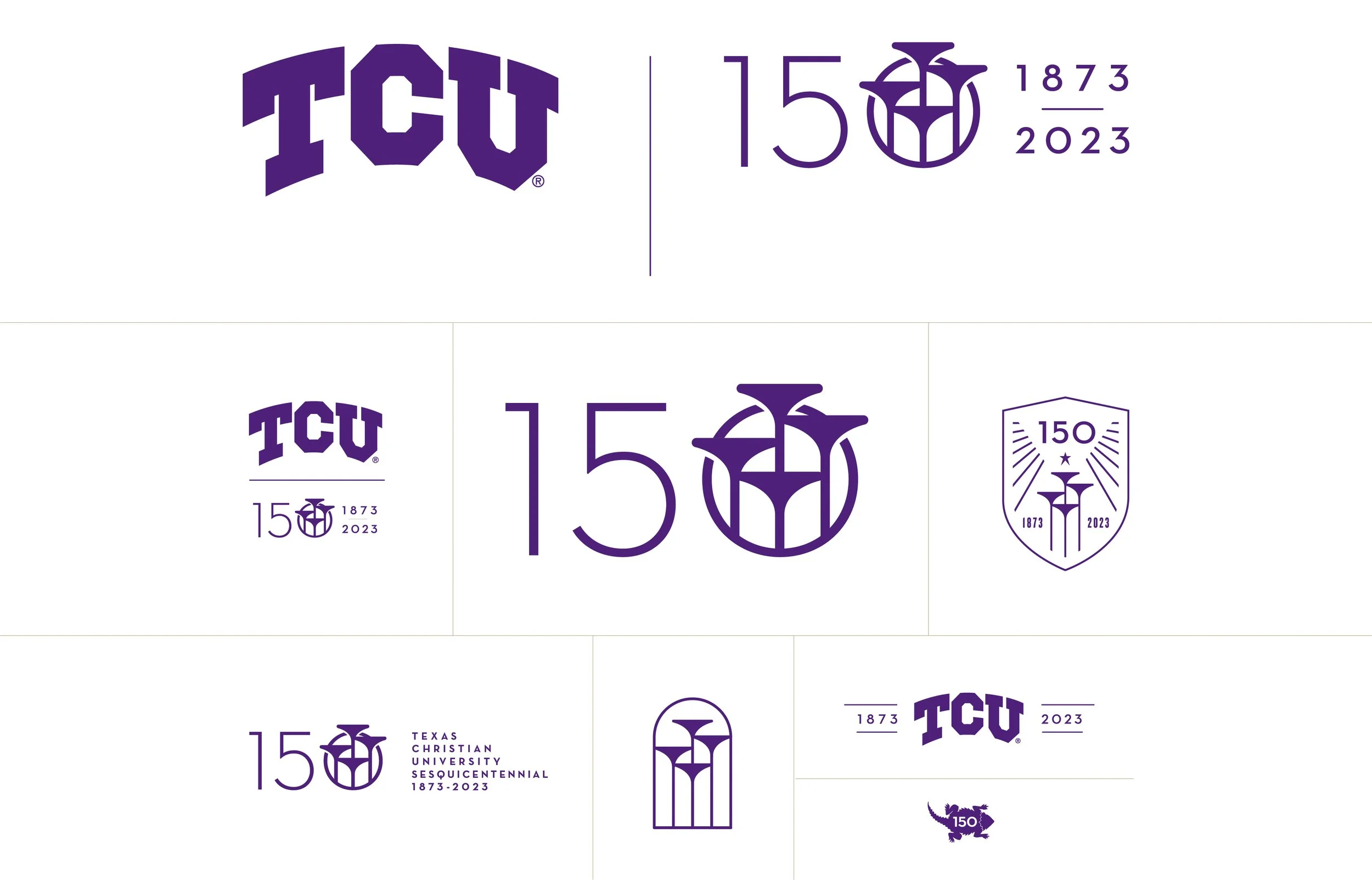 Collection of TCU celebrating 150 years from 1873 to 2023, with logos, emblems, and text in purple and white.