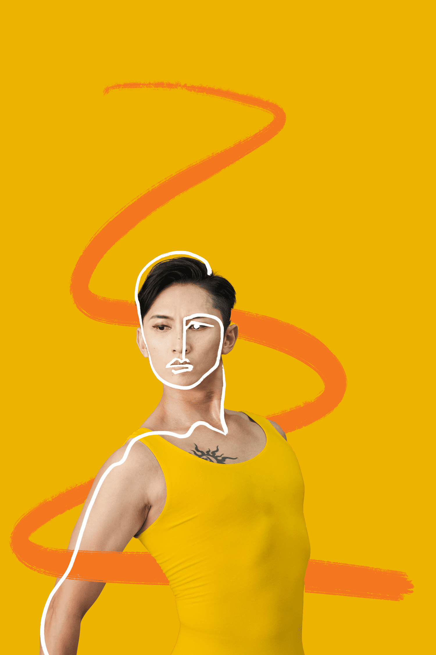 A person with short dark hair, wearing a yellow sleeveless top, has a white outline of their face, neck, and arm drawn over their image, set against a yellow background with an orange spiral.