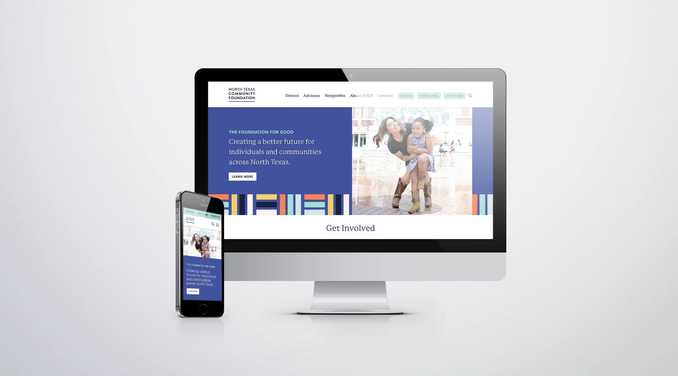 A desktop computer and a smartphone display the website of the North Texas Community Foundation, featuring a blue background with text about creating a better future for North Texas communities and an image of a woman and a young girl playing outside.