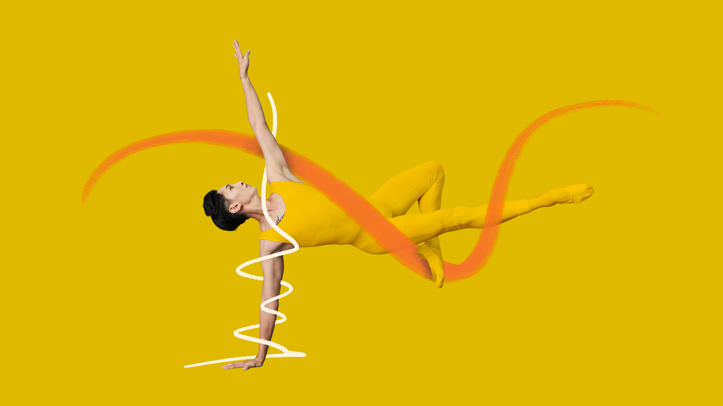 A man in a yellow outfit performing a yoga pose against a yellow background, with colorful swirl and arc graphics around her.