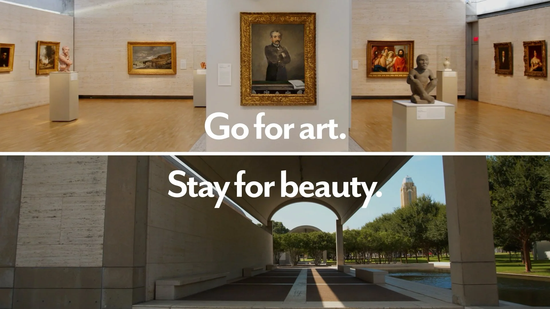 An art gallery with framed paintings and sculptures on pedestals, and an outdoor space with a walkway, trees, and a building in the background.