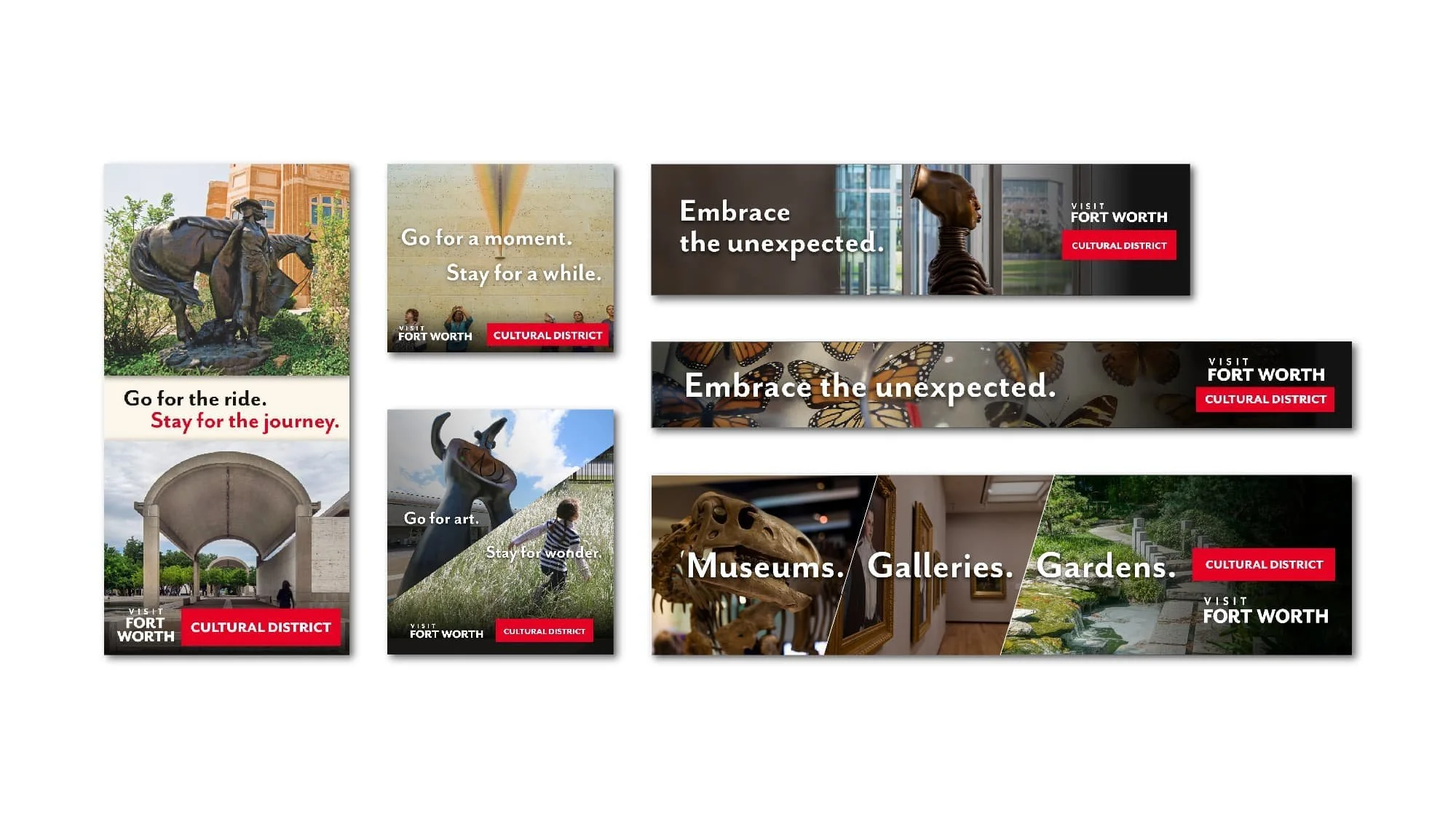 A collage of digital banners promoting Fort Worth, Texas. The banners feature images of sculptures, art, gardens, and butterflies, with messages about exploring the city's cultural district, museums, galleries, gardens, and embracing the unexpected.