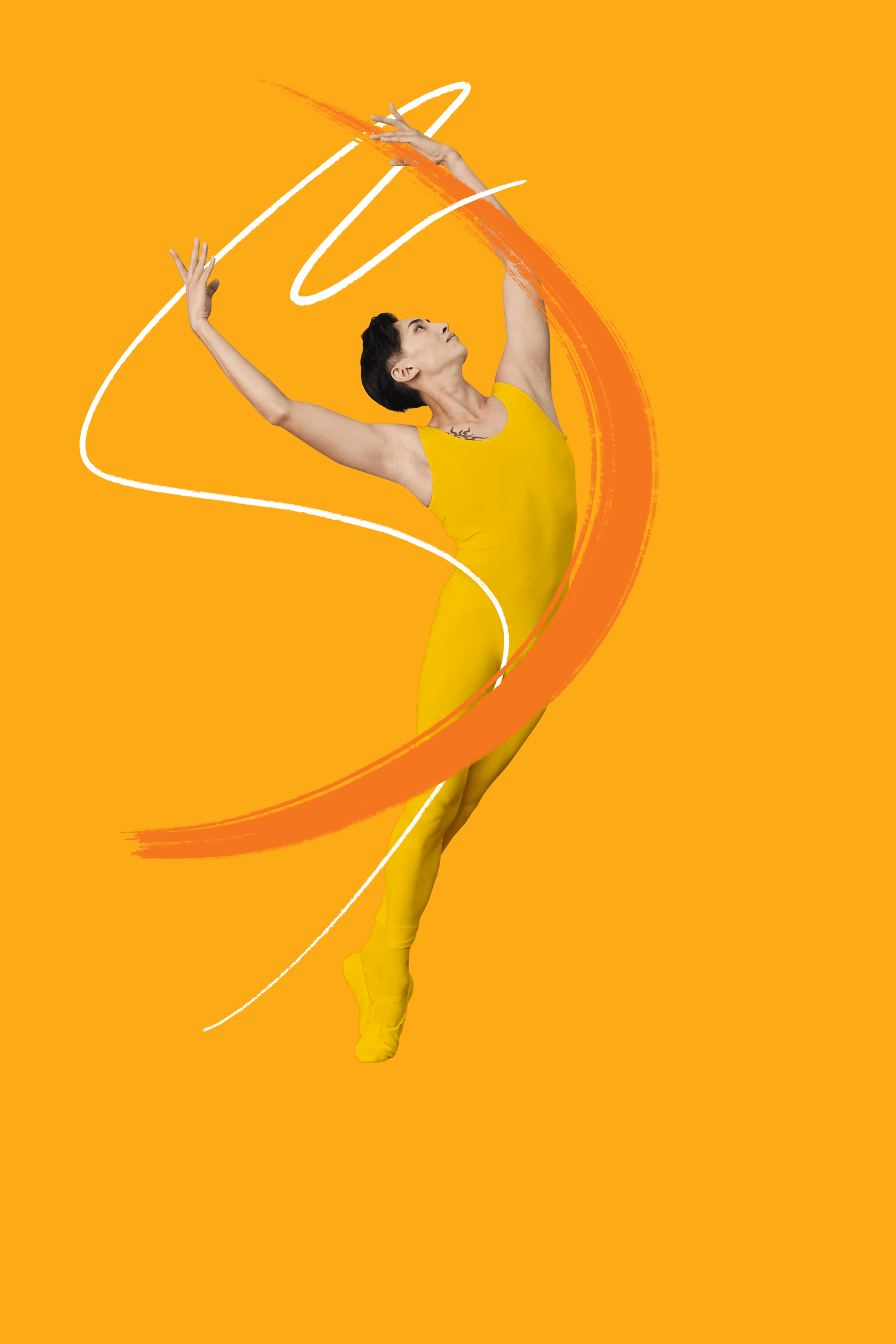 A man in a yellow outfit performing a dance pose with abstract white and orange brush strokes on an orange background.