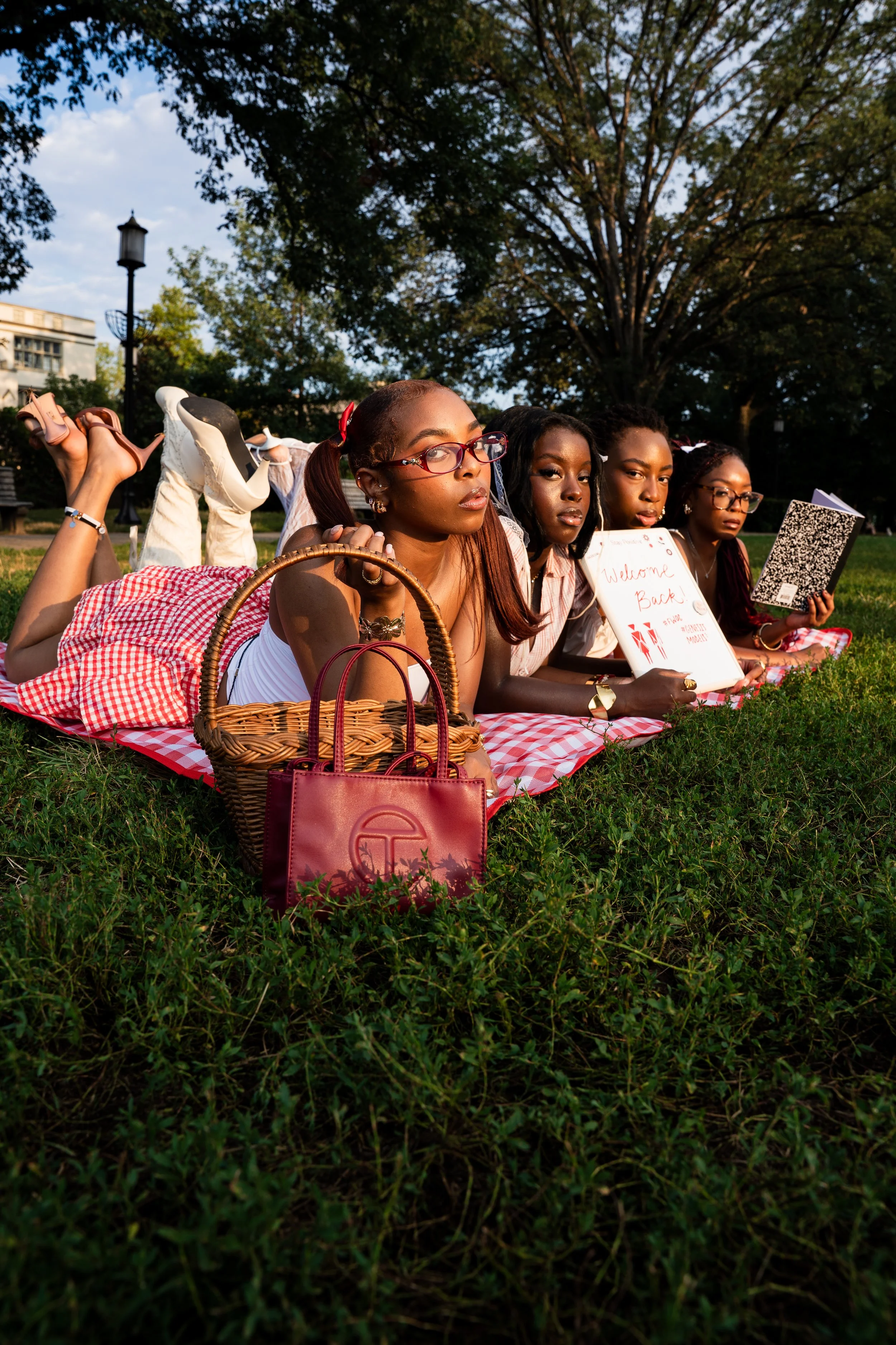 Four young women lying on a red and white checkered picnic blanket on grass in a park, reading books and holding signs, with trees and a lamp post in the background.