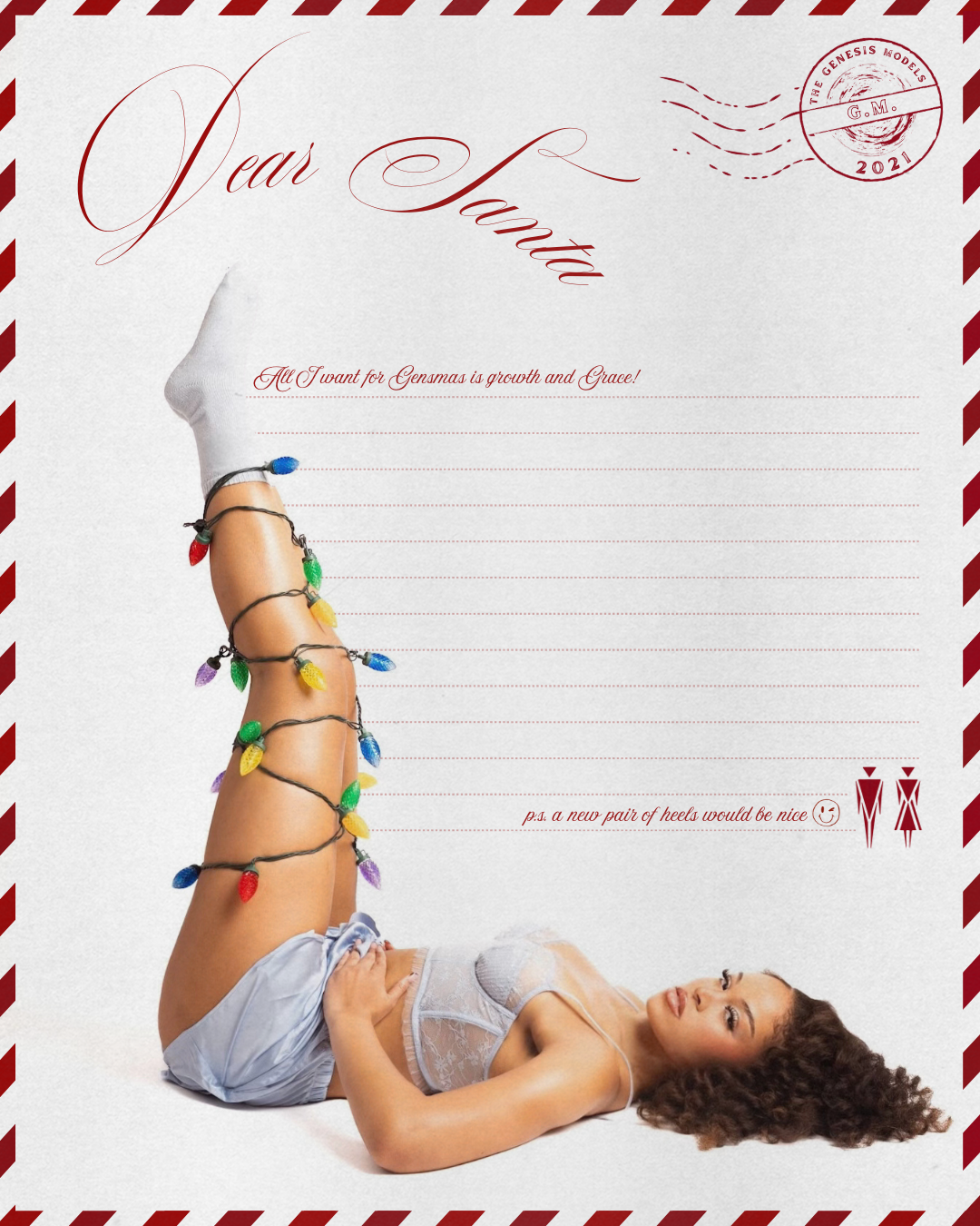 A woman lying on her back with her legs raised, wrapped in colorful Christmas lights, wearing white lace lingerie and white socks, on a white background. Christmas-themed note with writing and decorative markings.