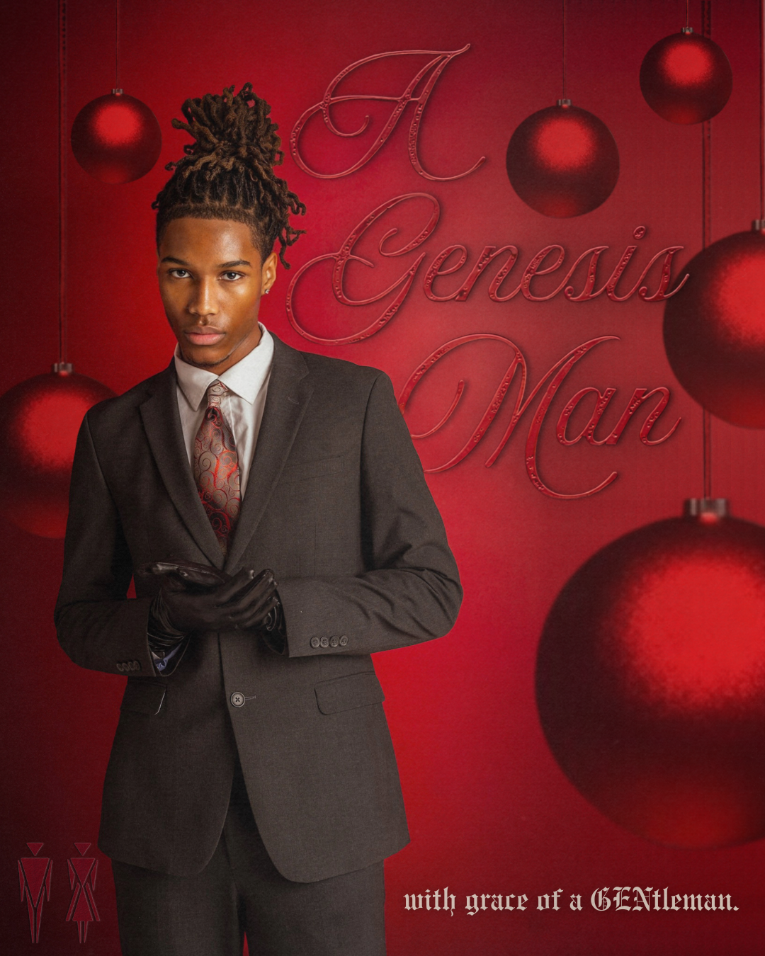 A young man in a black suit, white shirt, patterned tie, and black gloves standing in front of a red background with holiday ornaments and the text 'A Genesis Man'.