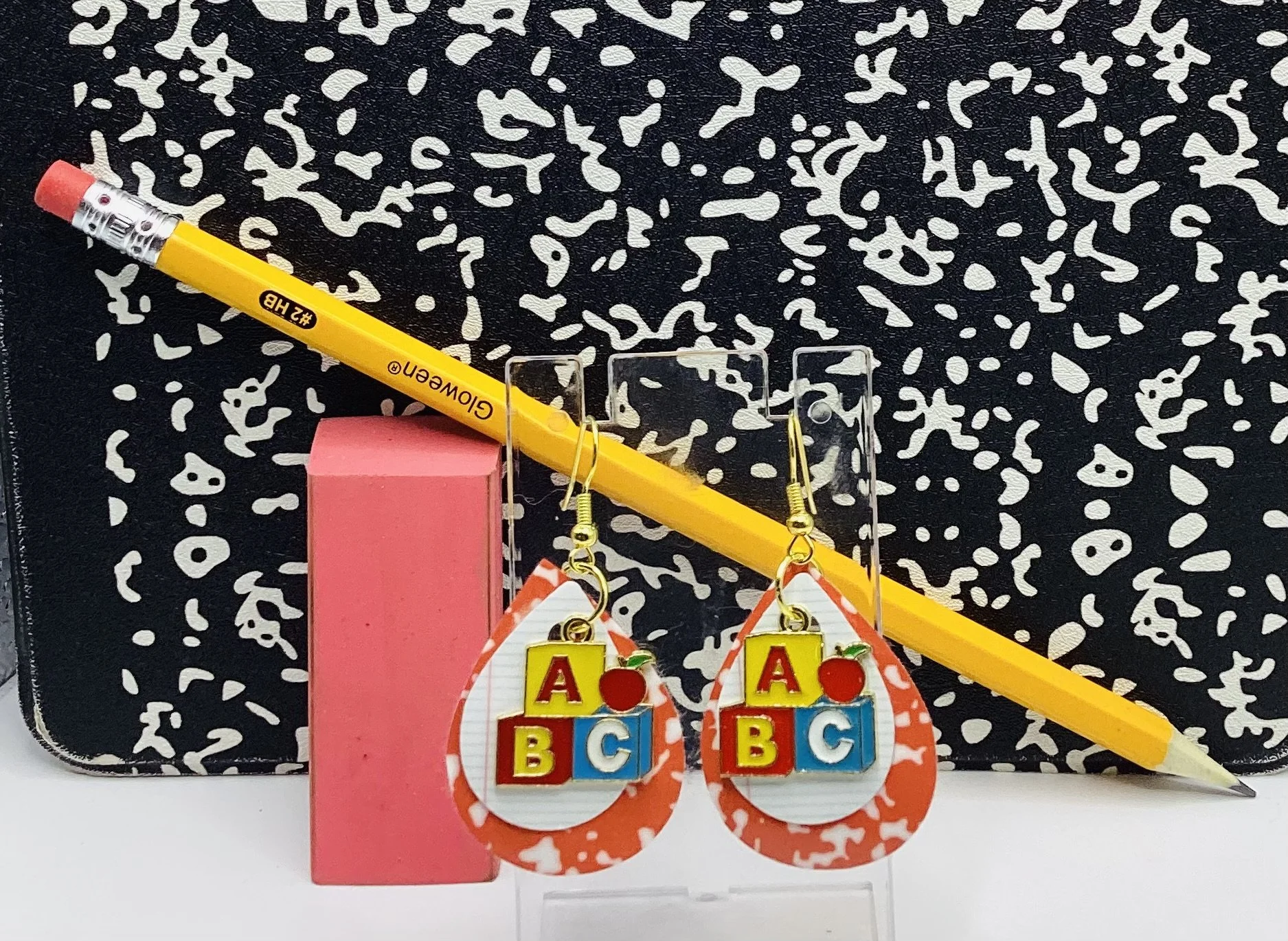 School Days Notebook & Red Composition Book Faux Leather Earrings with Charm