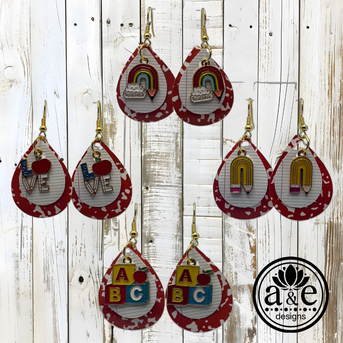 School Days Notebook & Red Composition Book Faux Leather Earrings with Charm