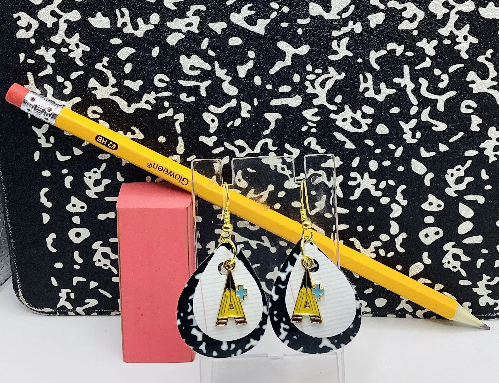 School Days Notebook & Black Composition Book Faux Leather Earrings with Charm