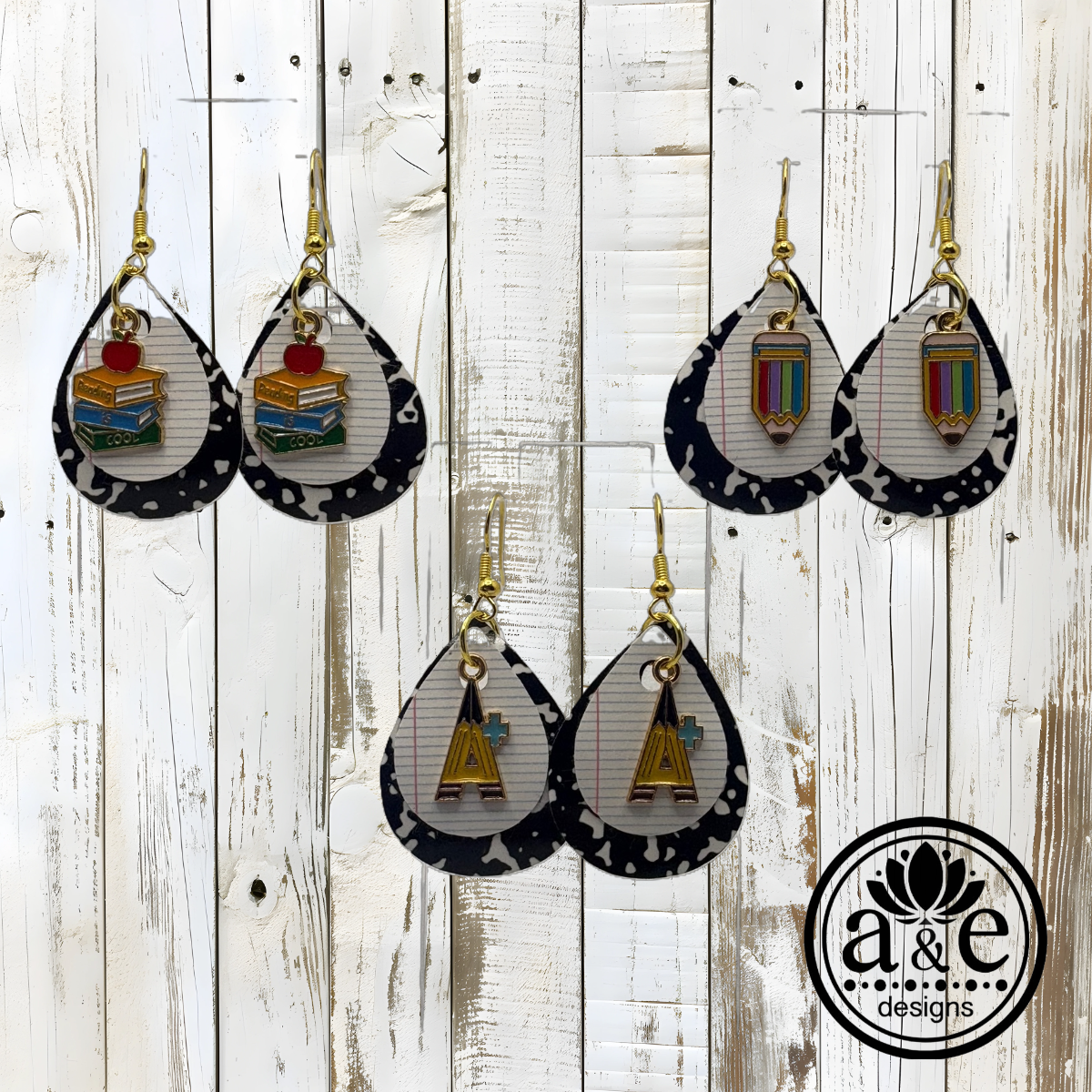 School Days Notebook & Black Composition Book Faux Leather Earrings with Charm