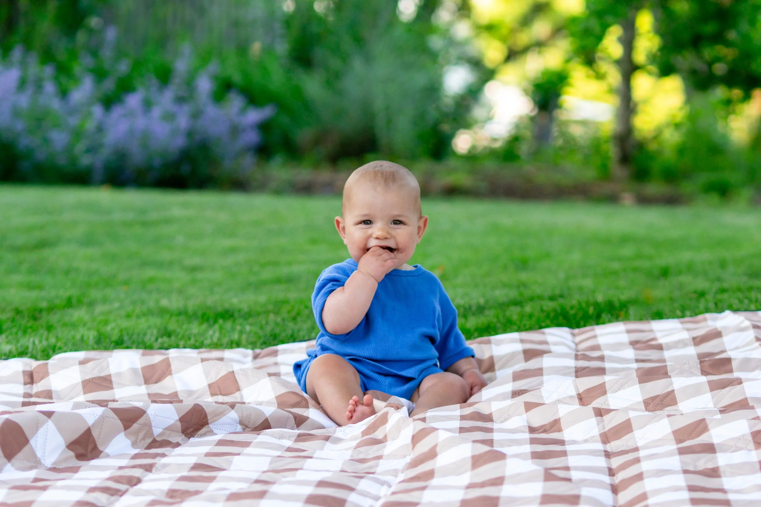 A smiling baby with a bald head and wearing a blue shirt, sitting on a checkered blanket outdoors on green grass with trees and sunlight in the background.