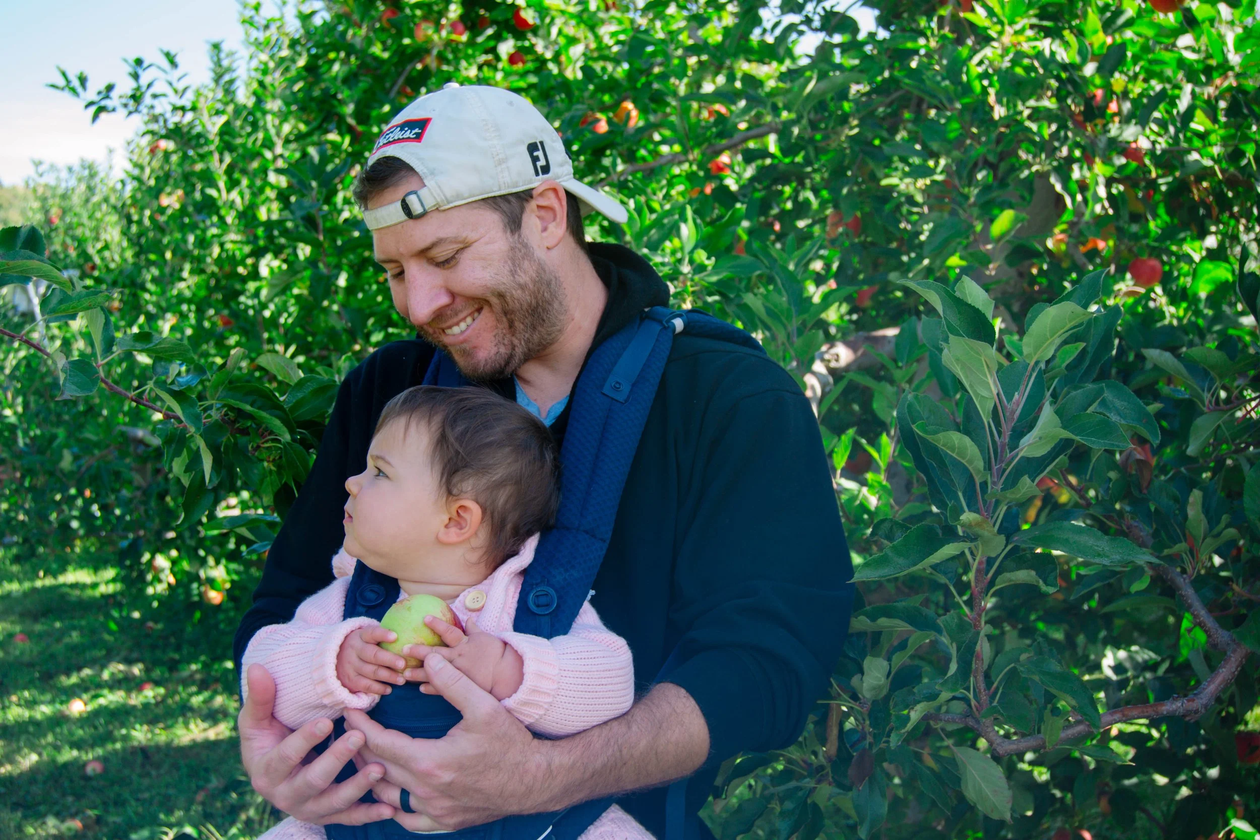 A man holding a young girl in an apple orchard, smiling as they look at each other. The girl holds a green apple and wears a pink sweater, while the man wears a beige cap and a black hoodie.