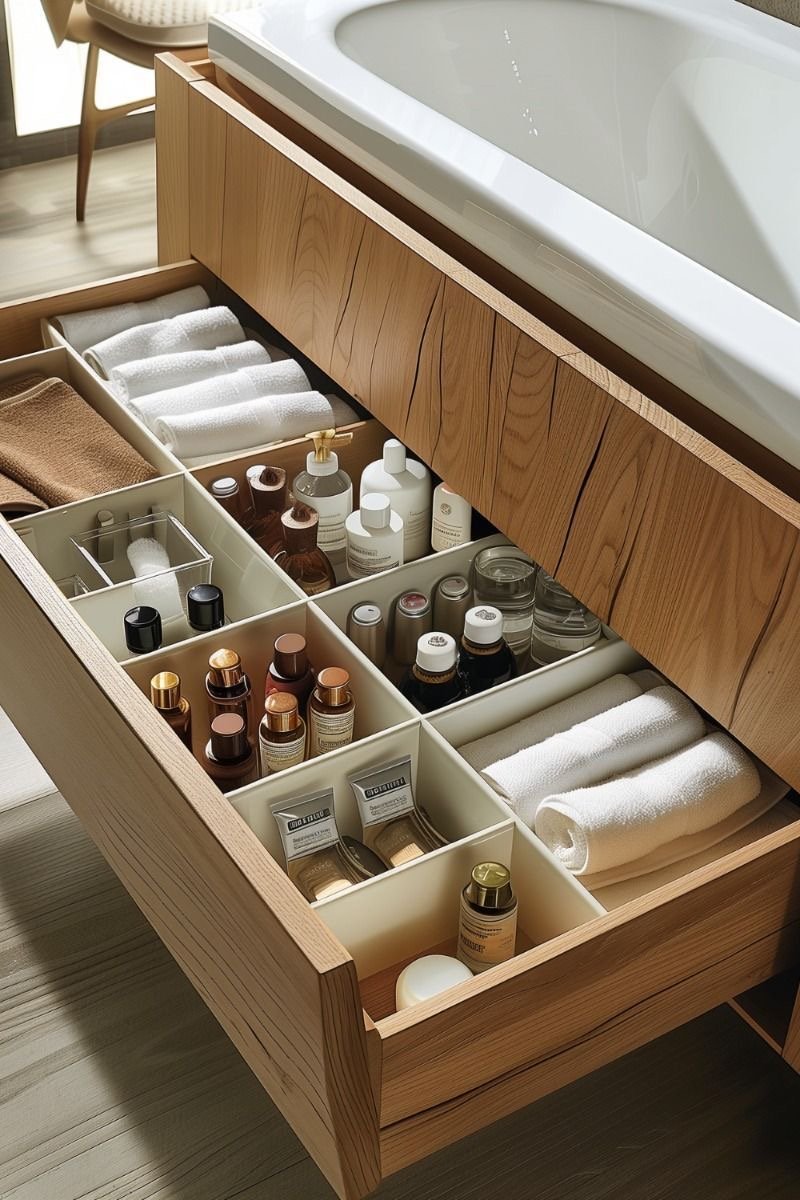 Open drawer containing neatly organized toiletries, towels, and skincare products in a bathroom with a bathtub above.