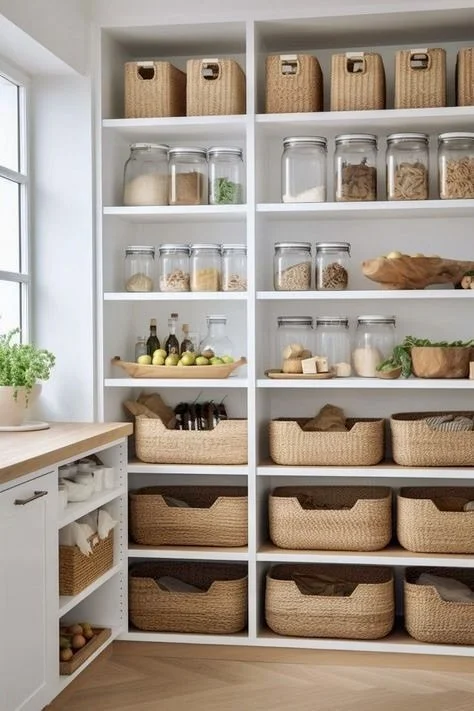 A white pantry with open shelves containing glass jars filled with dry goods, wicker baskets, and neatly organized food items. There's a small window on the left and a countertop with a potted plant.