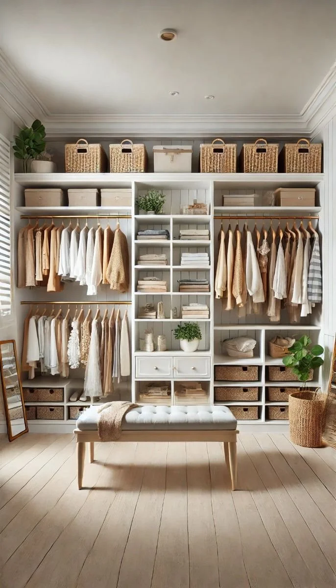 A well-organized walk-in closet with white shelving, hanging clothes in neutral tones, woven baskets on top shelves, and a white cushioned bench in the center.