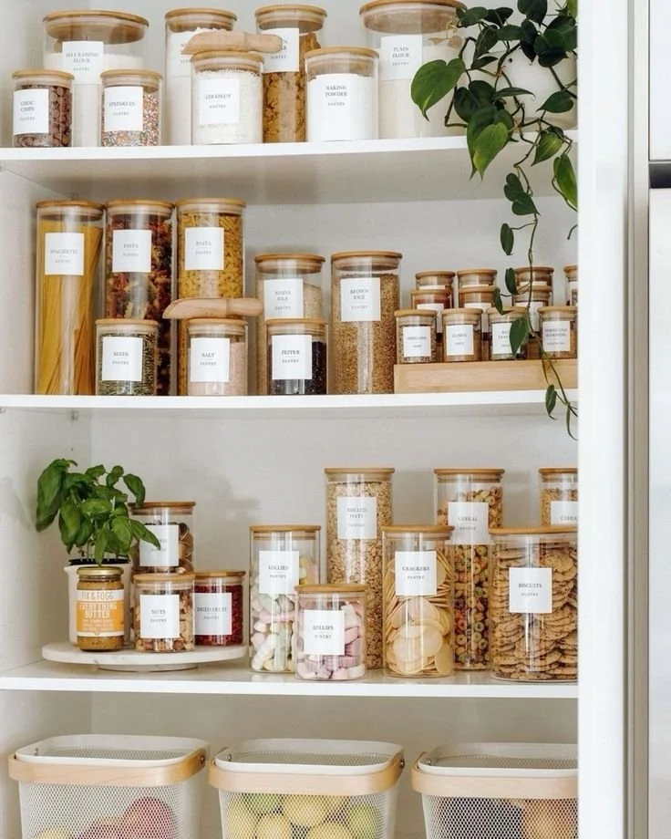 Pantry with neatly organized glass jars filled with various dry goods like pasta, rice, crackers, and baking supplies, along with some green plants for decoration.
