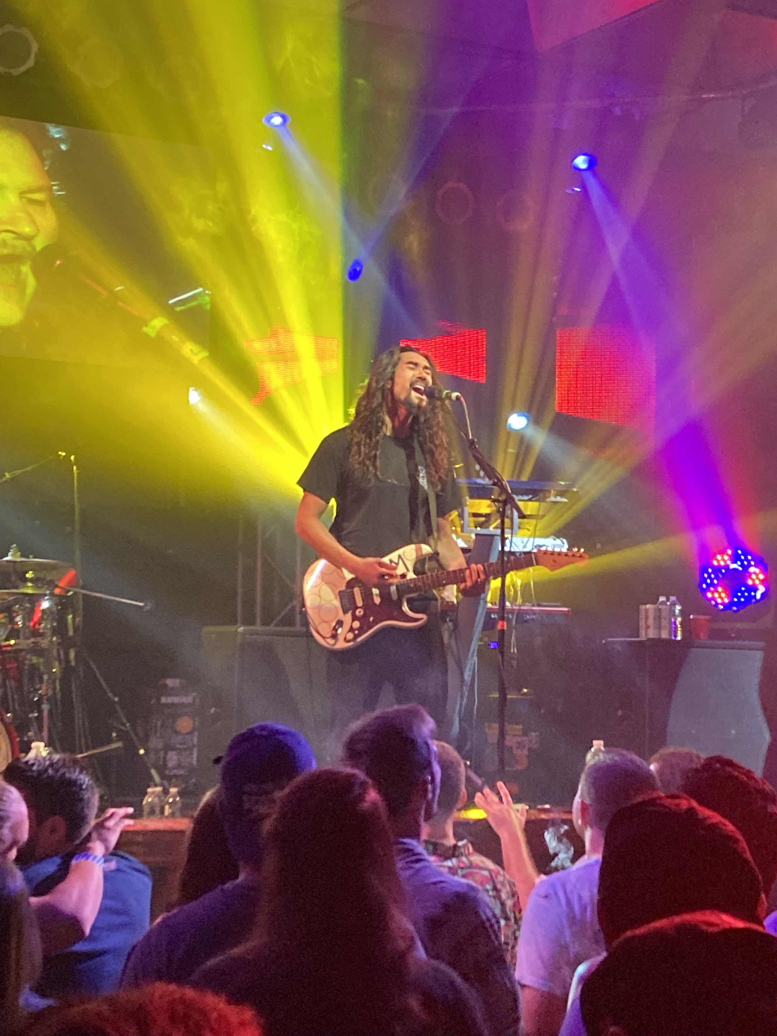 A musician with long hair and a beard, playing an electric guitar and singing into a microphone on stage during a concert with colorful lights.