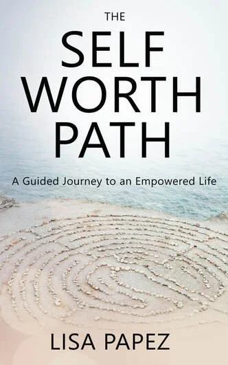 The book cover for The Self Worth Path, A Guided Journey to an Empowered Life features a cretan style laabyrinth made of stones at the water's edge.