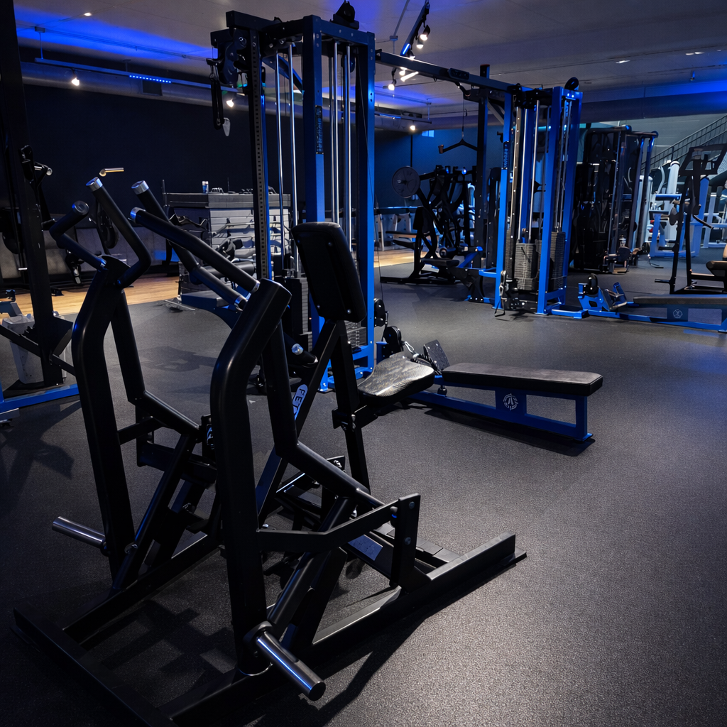 Empty gym with various exercise machines and equipment, illuminated by blue and white lighting.
